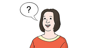 Ein gemaltes Bild zeigt eine Frau mit einer Sprechblase. In der Sprechblase sieht man ein Fragezeichen. Das Bild bedeutet: Elternsein bringt viele Fragen mit sich.